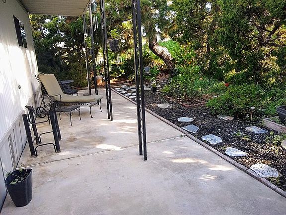 Patio, tree-lined yard