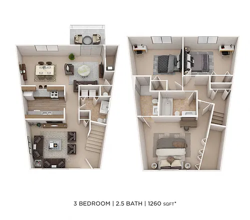 Floor plan Three Bedroom 2.5 Bath Townhome- 1,260 sqft
