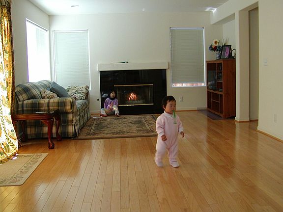 family room with hardwood floor and granite fireplace