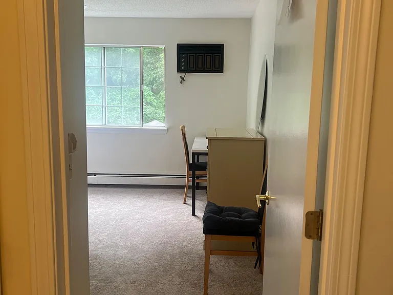 Carpeted room with a large window view, mounted TV, and space for a desk or seating area.