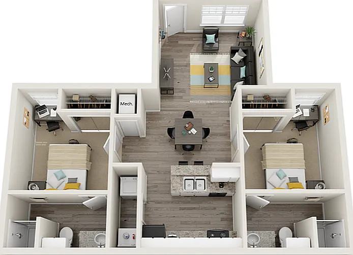 Explore this chic urban apartment design with two bedrooms and a stylish living space. Explore this chic urban apartment design with two bedrooms and a stylish living space.