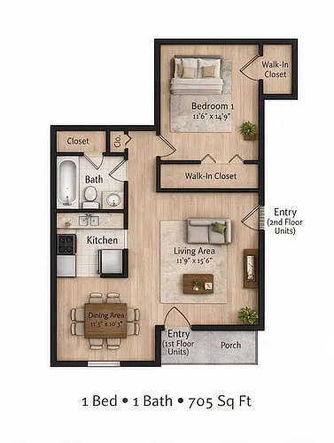 Floor plan 1 Bedroom/1 Bath