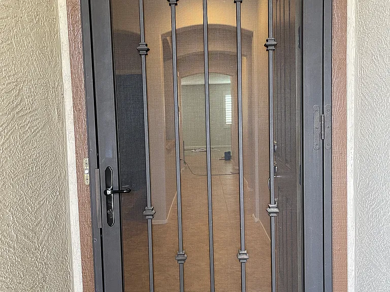 Front door security screen looking into home.