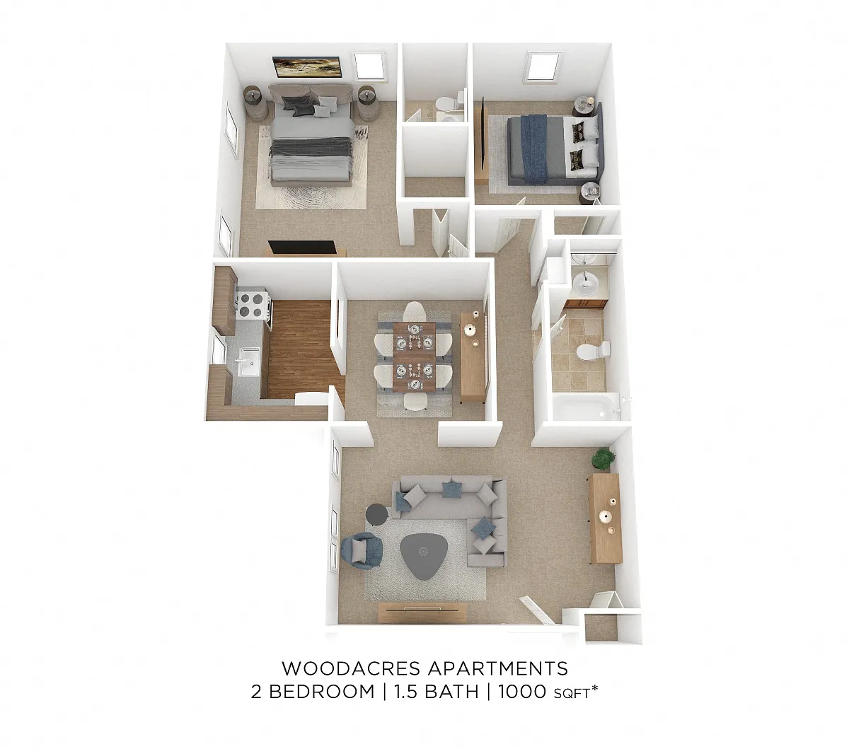 Floor plan Two Bedroom 1.5 Bath - 1,000 sqft
