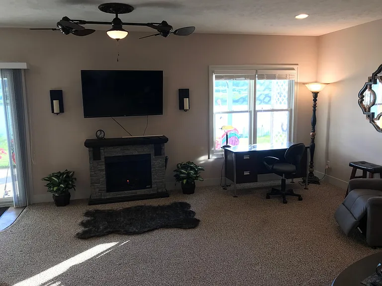Very real electric fireplace heated floors sunset lake views