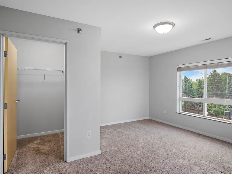 Bright bedroom featuring plush carpeting, a walk-in closet, and a large window with scenic views. Bright bedroom featuring plush carpeting, a walk-in closet, and a large window with scenic views.