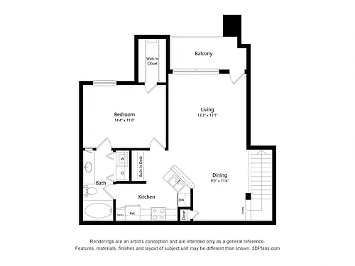 Floor plan One Bedroom Apartment - A2