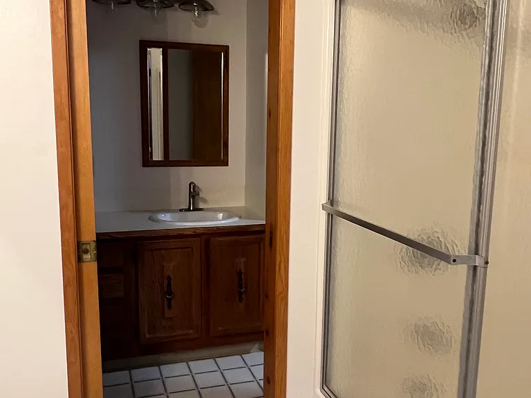 Main bath, looking into half bath. Pocket door betwix both. Half bath has door to main bedroom.