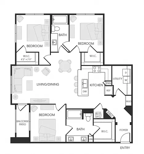Floor plan 3BR 2BA (C2 - 1408 SF)