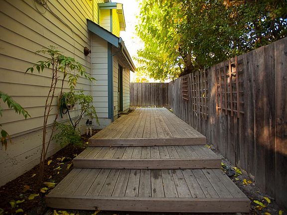 Backyard private patio deck with mature trees surround.