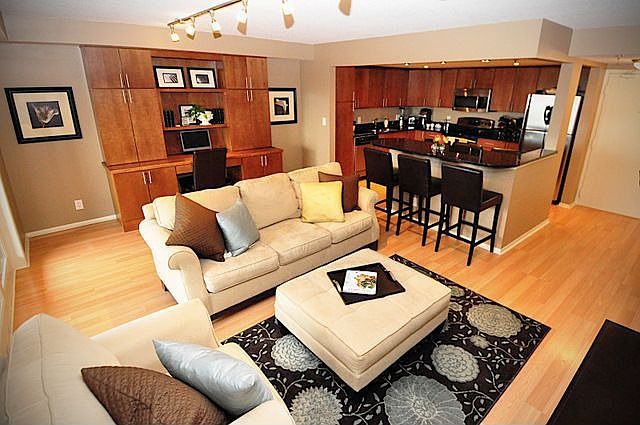 You can see the built in desk from the living room and eat in kitchen.