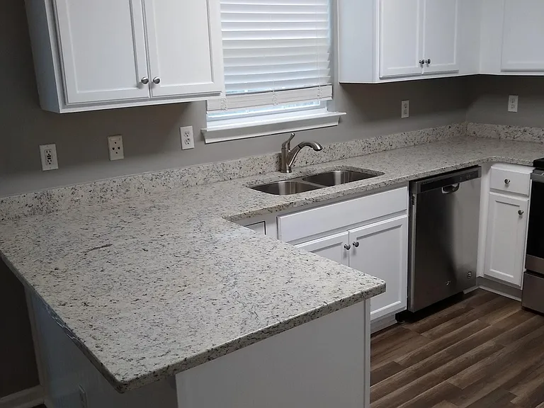 Stainless steel dishwasher, marble countertops.