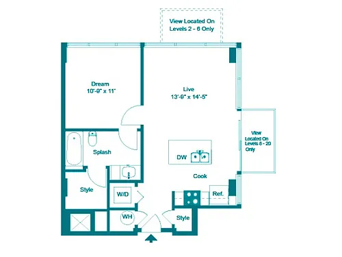 Floor plan One Bedroom One Bath (702 SF)