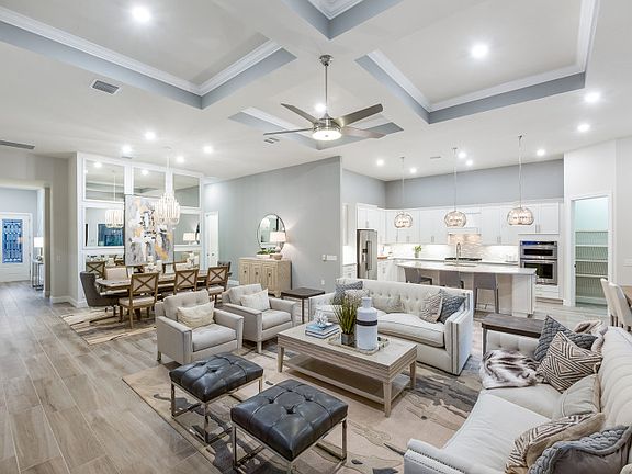 Open Gathering Room with iron cross coffered ceiling and recessed lights