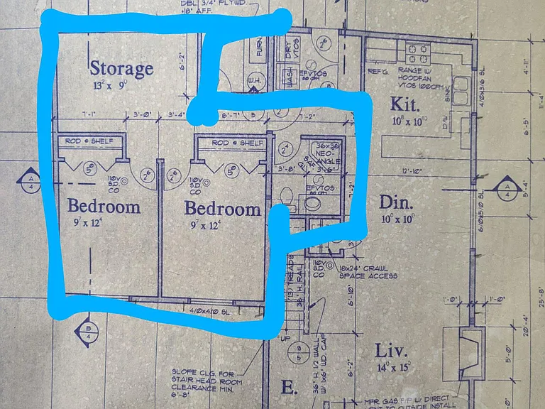 This blueprint shows the proximity of the separate 2-bedroom apartment to the main house. The only wall functionally shared between these two spaces is between the kitchen on one side and bathroom on the other.