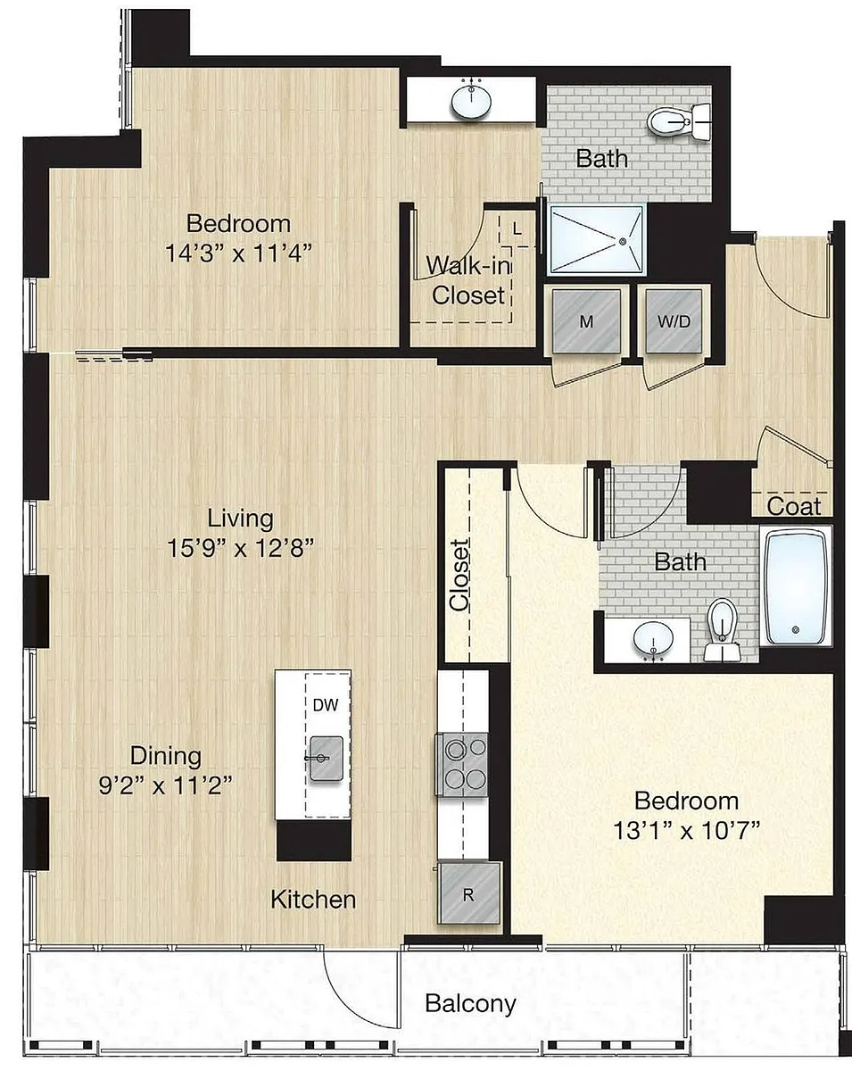 Floor plan Tier 59.0 - 2 Bed/2 Bath w/ Balcony