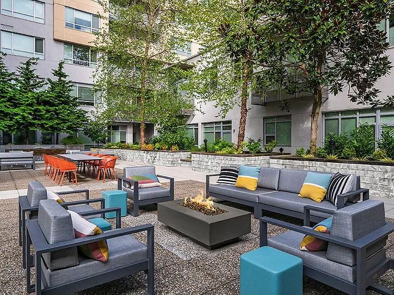 Relaxation courtyard with meditation fountain and fireplace