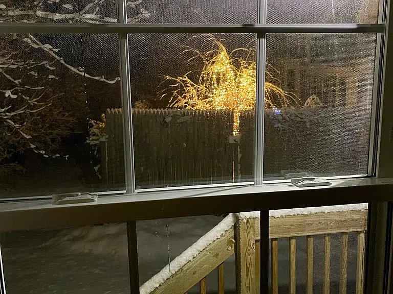 View from kitchen window at night of side entrance