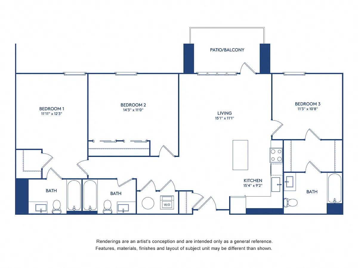 Floor plan 3 BR 3BA (1331-1343 SF)