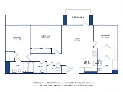 Floor plan 3 BR 3BA (1331-1343 SF)