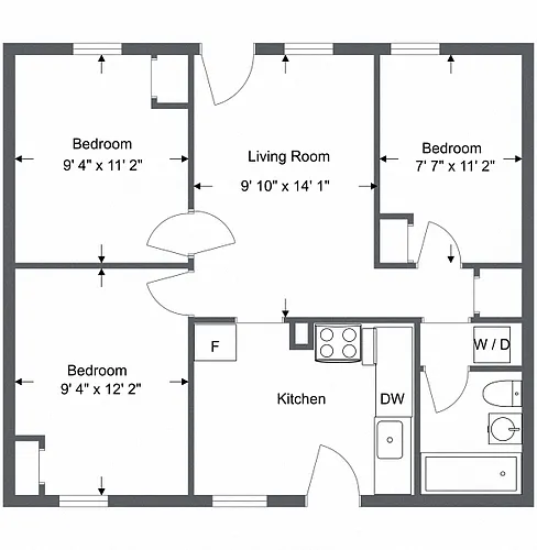 Floor plan 3 Bedroom 2Bath Apartment