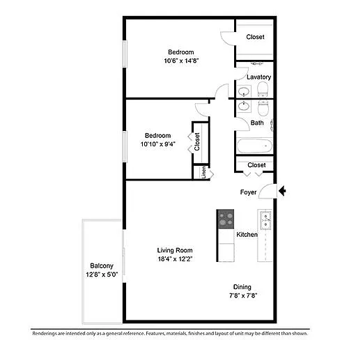 Floor plan 2 Bed 1.5 Bath Style H