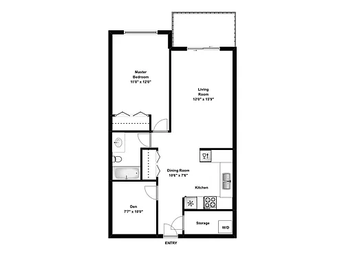 Floor plan 1 Bed Den 1 Bath A