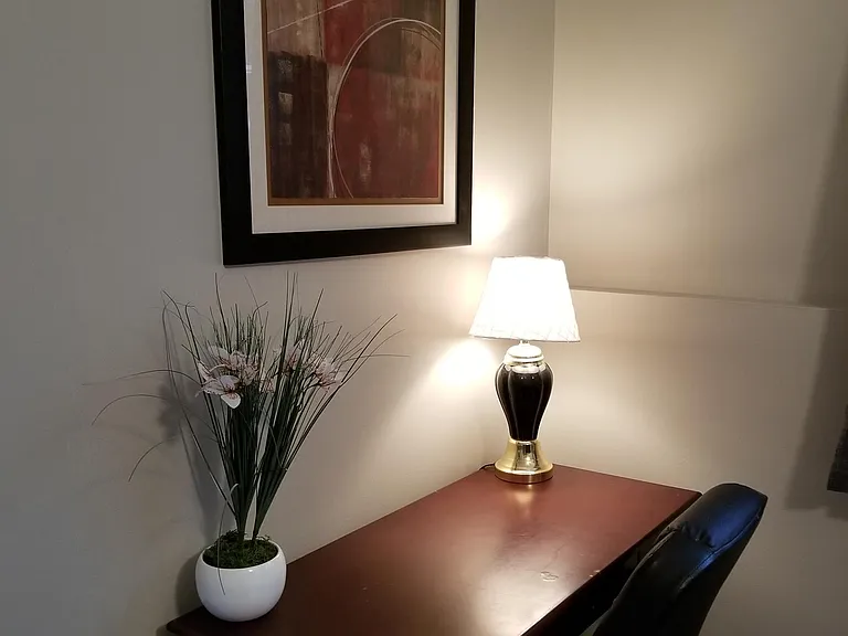 Downstairs bedroom with desk to work from home.