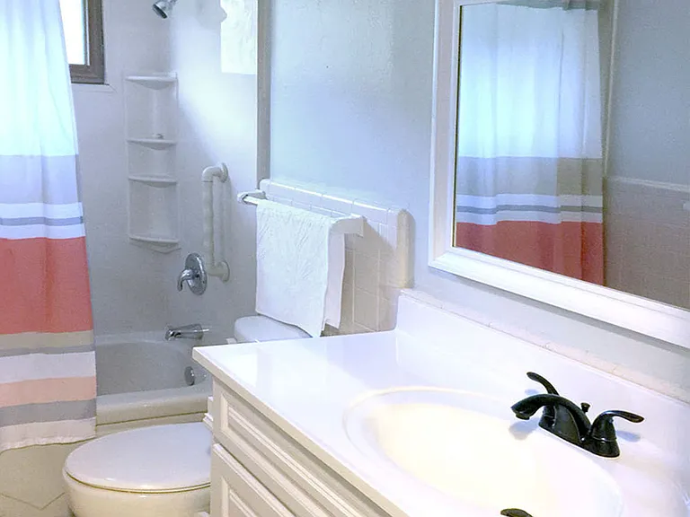 Main floor full bath (shower + tub), large sink vanity with storage, large framed mirror, and linen closet.