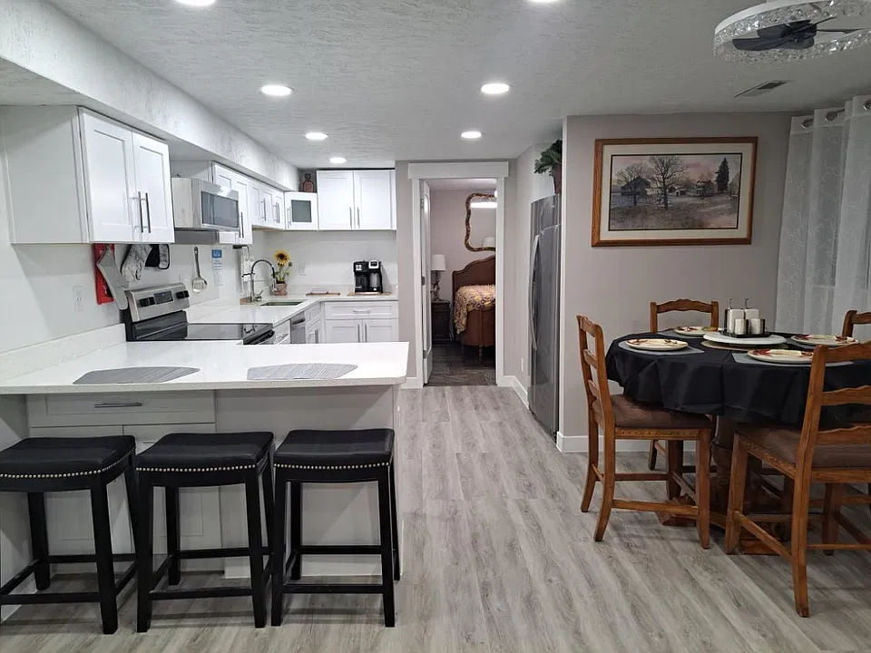 Kitchen, dinning and the smaller bedroom.
