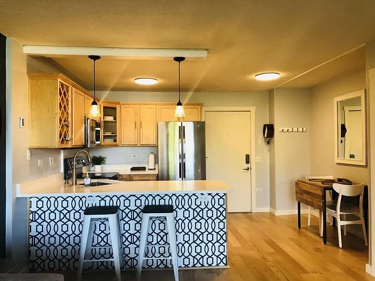 Modern open kitchen and dining room.