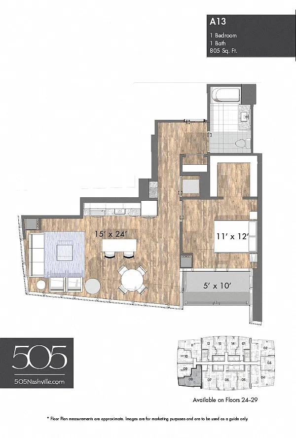 Floor plan 505 One Bedroom Upper Stack 08 & 11