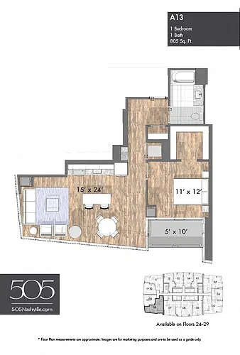 Floor plan 505 One Bedroom Upper Stack 08 & 11