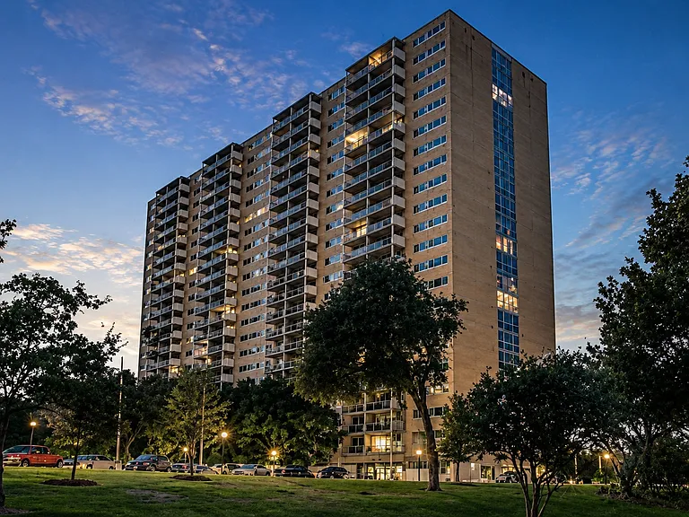 Exterior view at dusk.