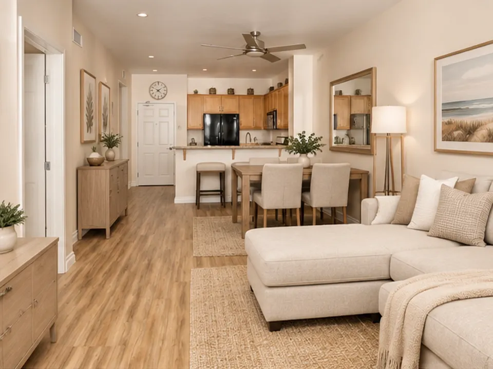 This is the living room, dining room, and kitchen with the front door.