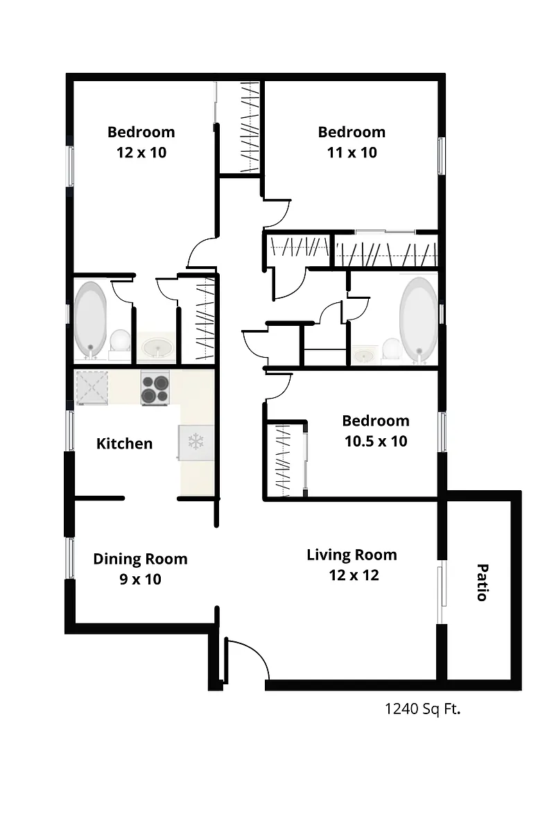 Floor plan 3 Bedroom, 2 Bath