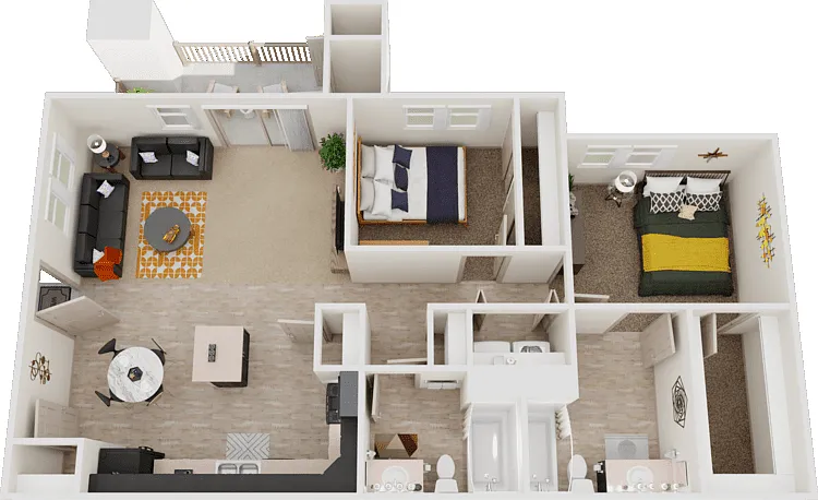 2 Bed 2 Bath Upstairs Floorplan Diagram