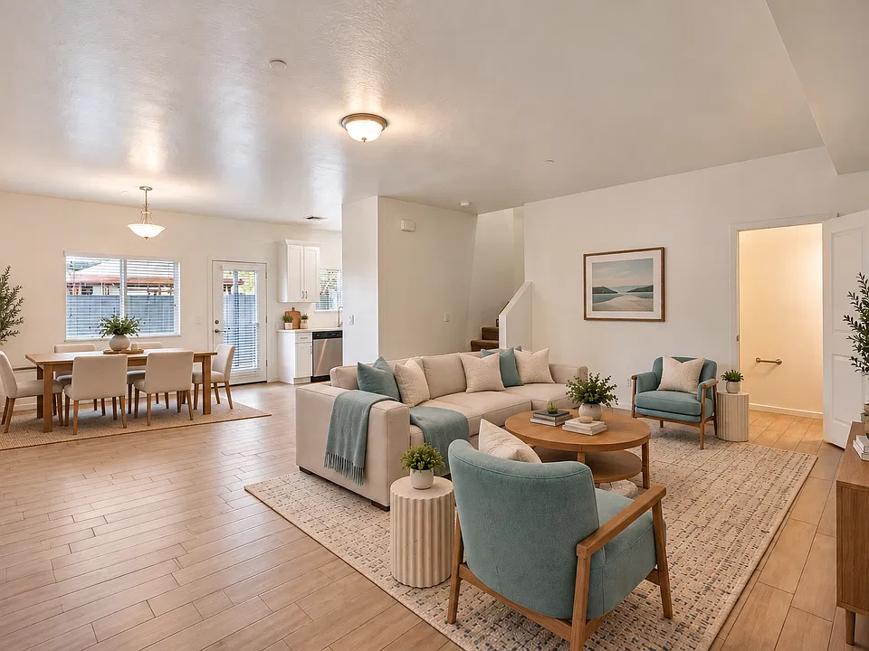 Living and dining area staged