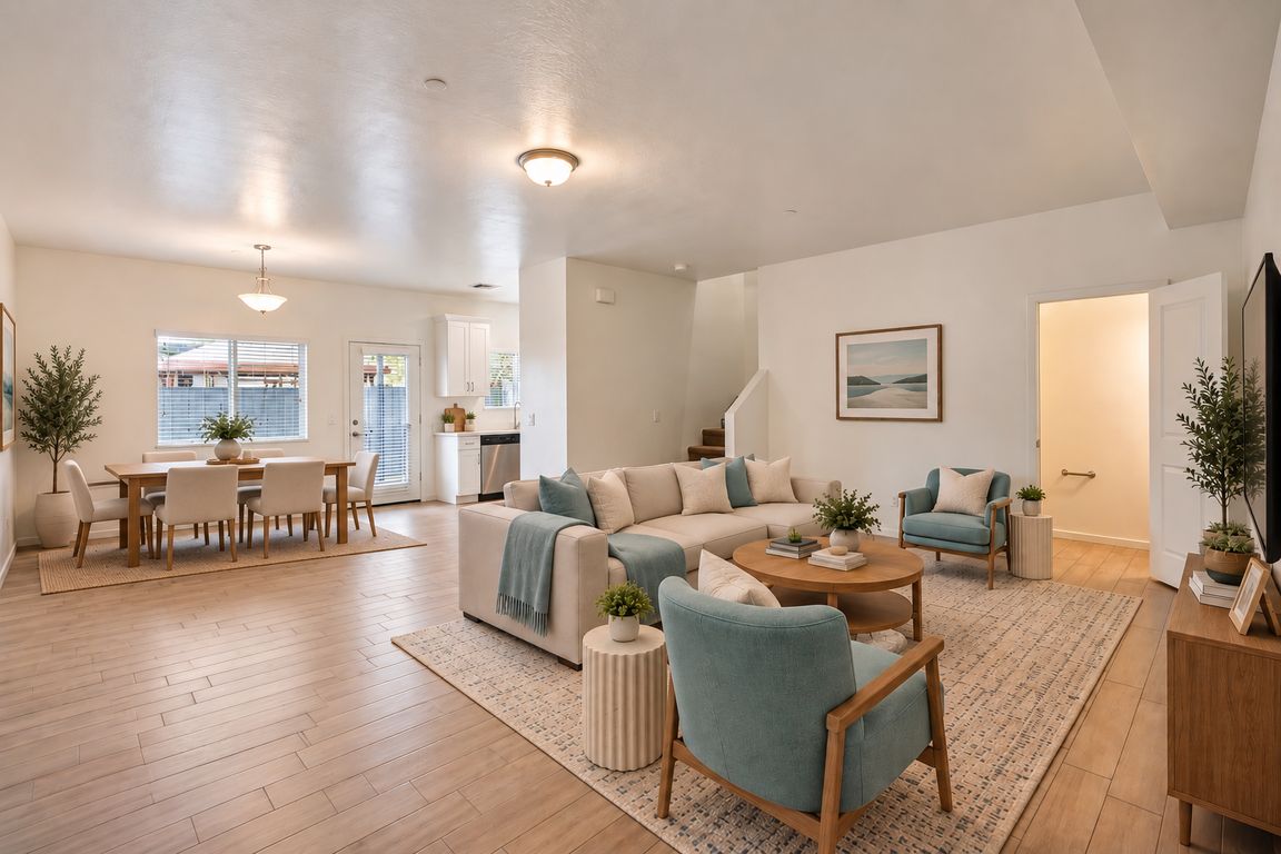 Living and dining area staged