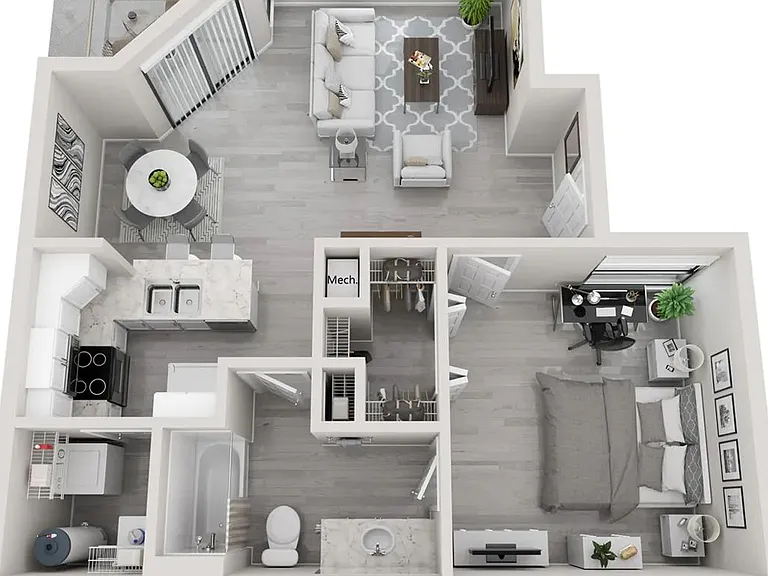 A 3D floor plan rendering of The Newport.