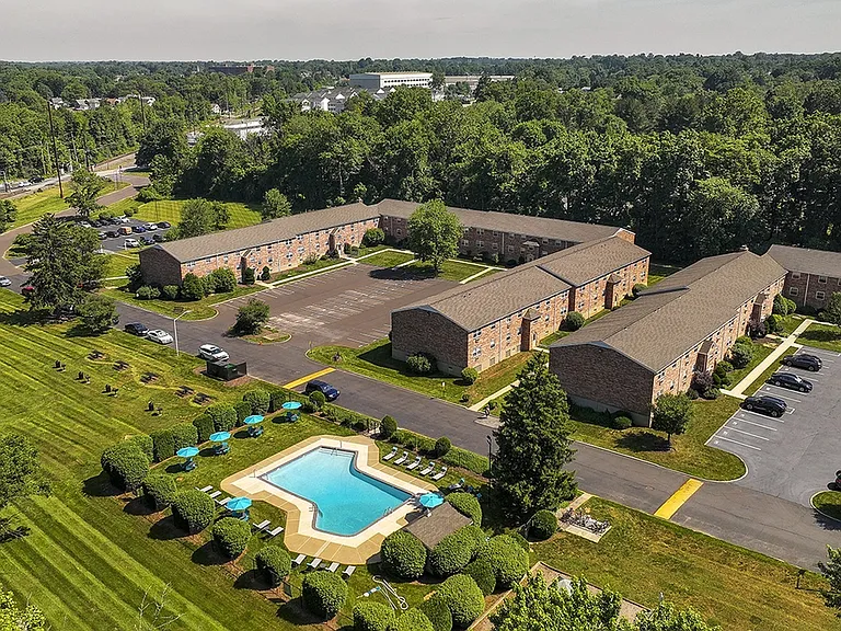 Aerial shot of Village Green and the pool