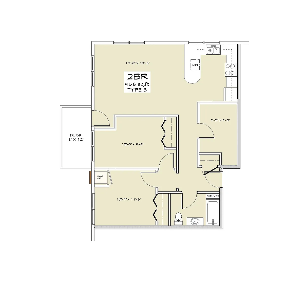 Floor plan 2 BDRM and Den 956 SF