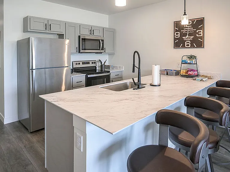 Modern kitchen with sleek stainless steel appliances, elegant marble countertop, and stylish bar seating.