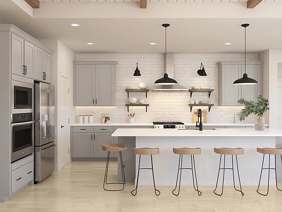 Kitchen with floating shelves and pendant lighting