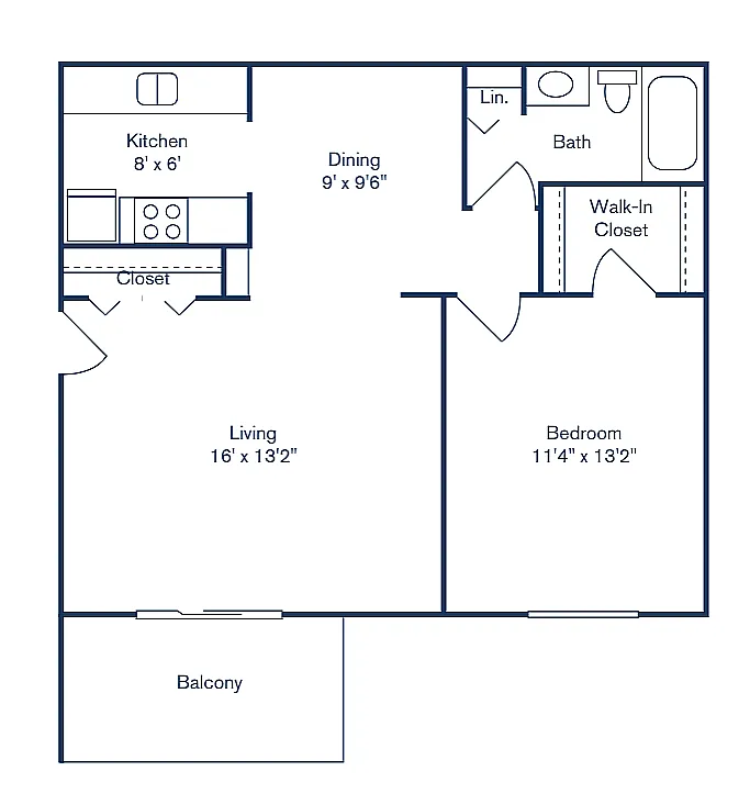 Floor plan 1 Bedroom, 1 Bath (704 sqft.)