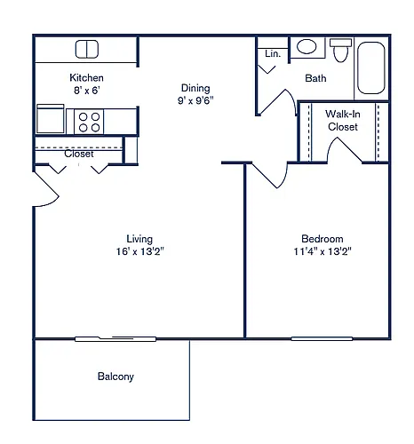 Floor plan 1 Bedroom, 1 Bath (704 sqft.)
