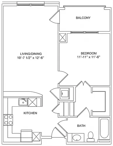 Floor plan Residences 1 Bed 1 Bath Balcony