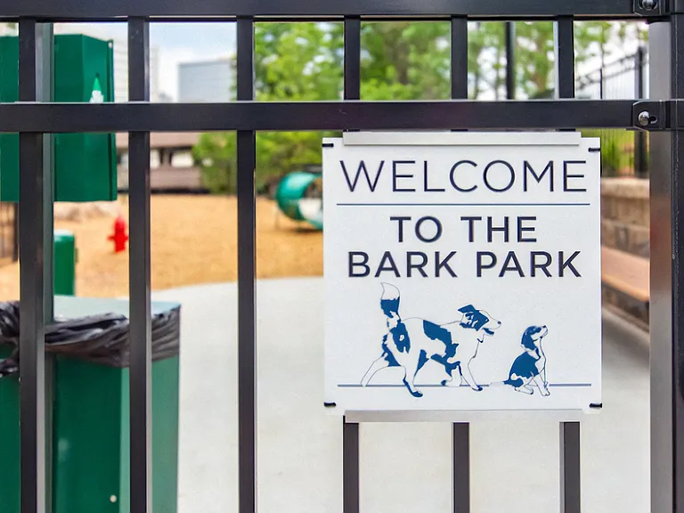 Welcome Sign at The Elden Galleria Bark Park Entrance for Residents' Pets