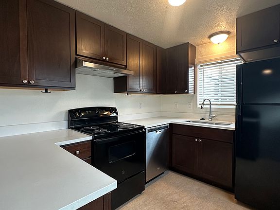 Well-appointed kitchen with stove, vented hood, refrigerator, dishwasher, double sink, and in-sink disposal