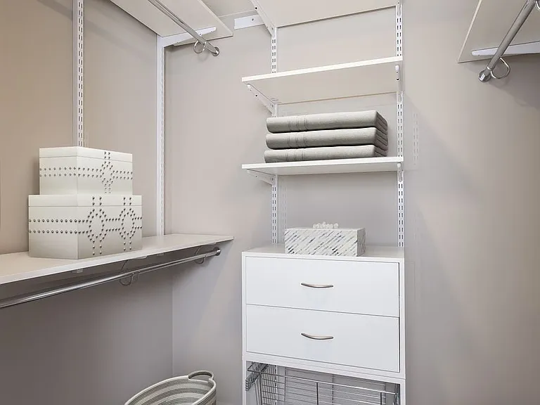 Signature Collection Walk In Closet with Closet Organizer and Hard Surface Vinyl Plank Flooring